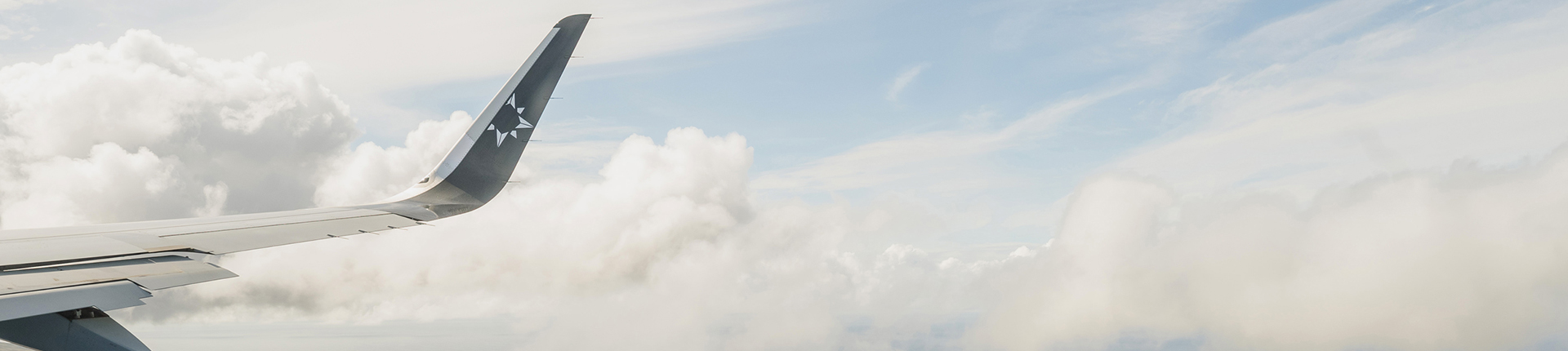 Wing tip of a TCS World Travel private jet in the sky with white clouds in the background.