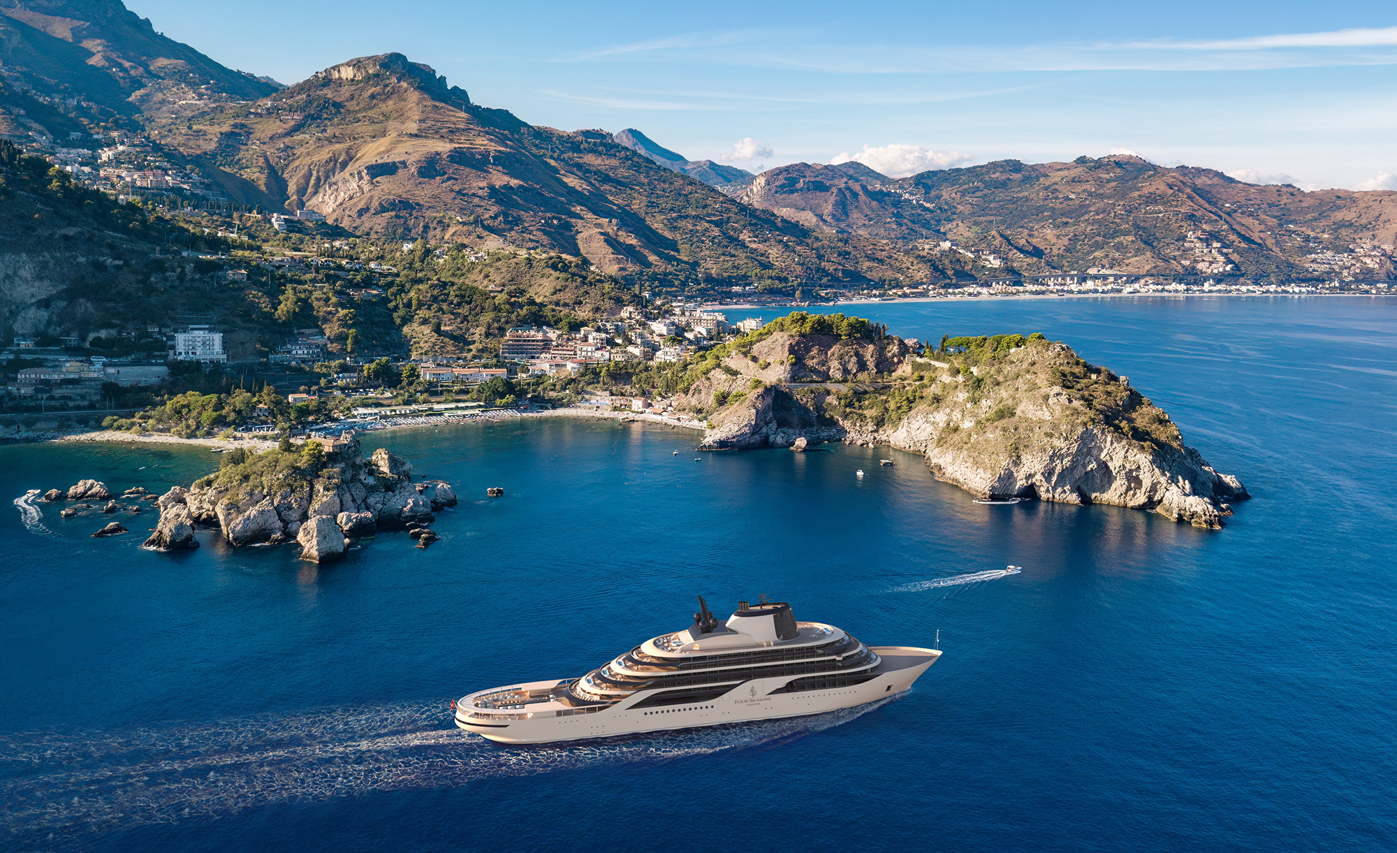 Four Seasons Yachts mockup of yacht at sea in Taormina, Sicily.