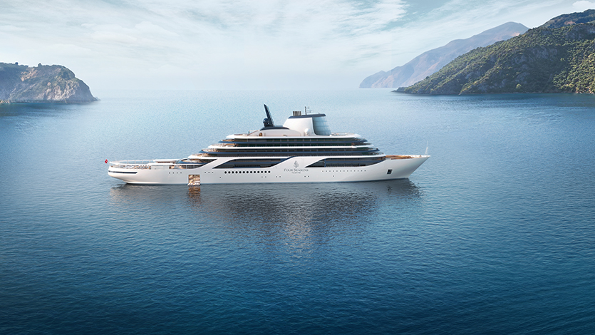 Four Seasons Yachts - side view of yacht exterior at sea in the Mediterranean.