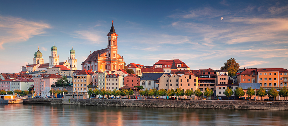 Passau skyline during an autumn sunset in Bavaria, Germany.