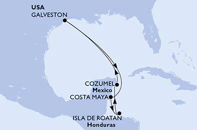 Itinerary map for Western Caribbean cruise aboard MSC Seascape