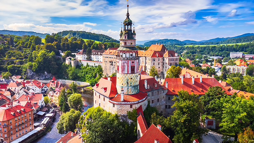 Cesky Krumlov, Czech Republic. Aerial wiew over the historical Krumlov and Vltava river, UNESCO heritage in Bohemia.