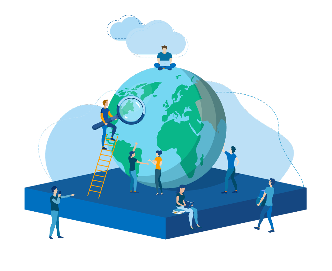 Illustration of people working around a globe