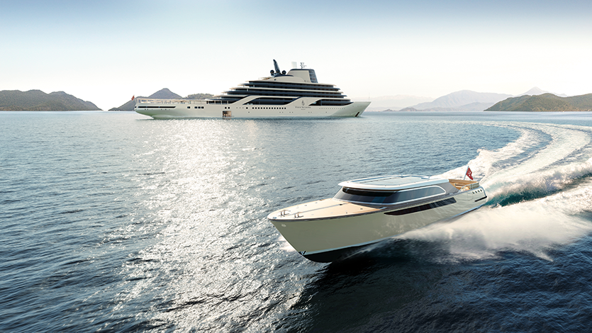 Four Seasons Yachts ship with smaller tender boat in the foreground.