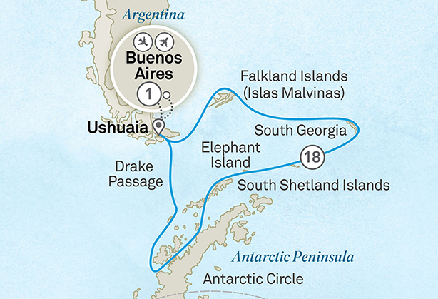 Antarctica, South Georgia & Falkland Islands itinerary map