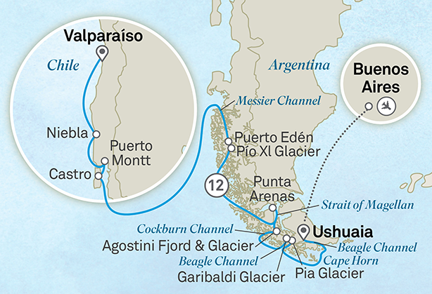 Chilean Fjords & the Glaciers of the Beagle Channel itinerary map