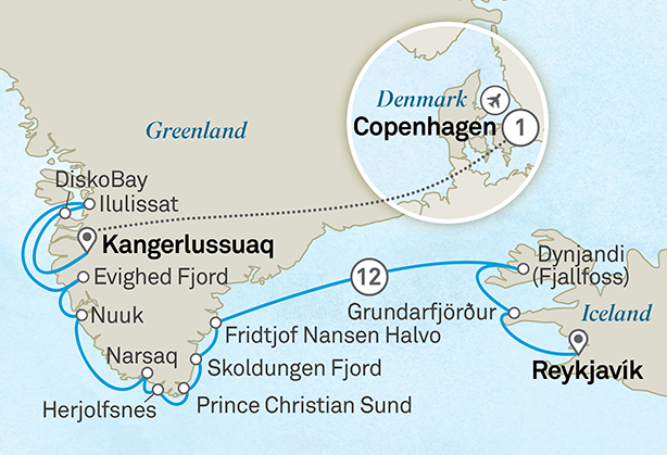 Iceland to Greenland & the Glaciers of Disko Bay itinerary map