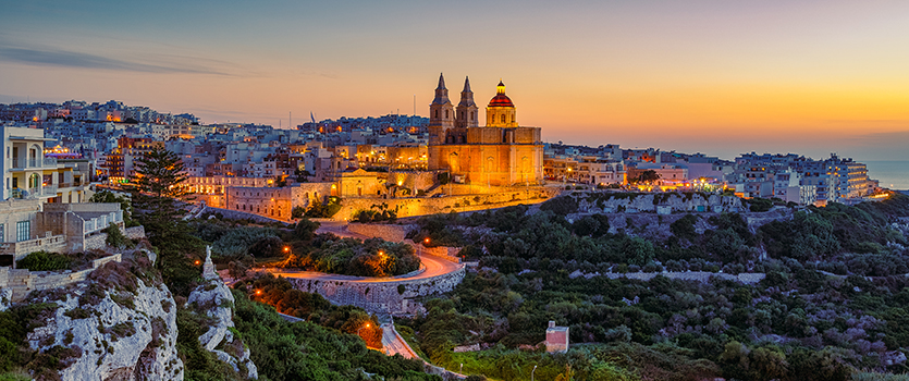 The Sanctuary of Our Lady of Mellieha in Malta at dusk
